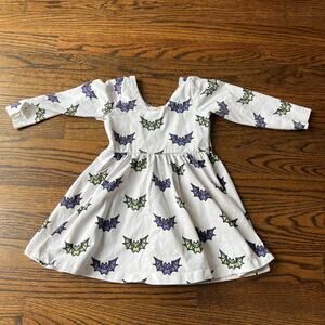 Monica + Andy Girl's Halloween Organic Cotton White Green Purple Bat Dress - 3T